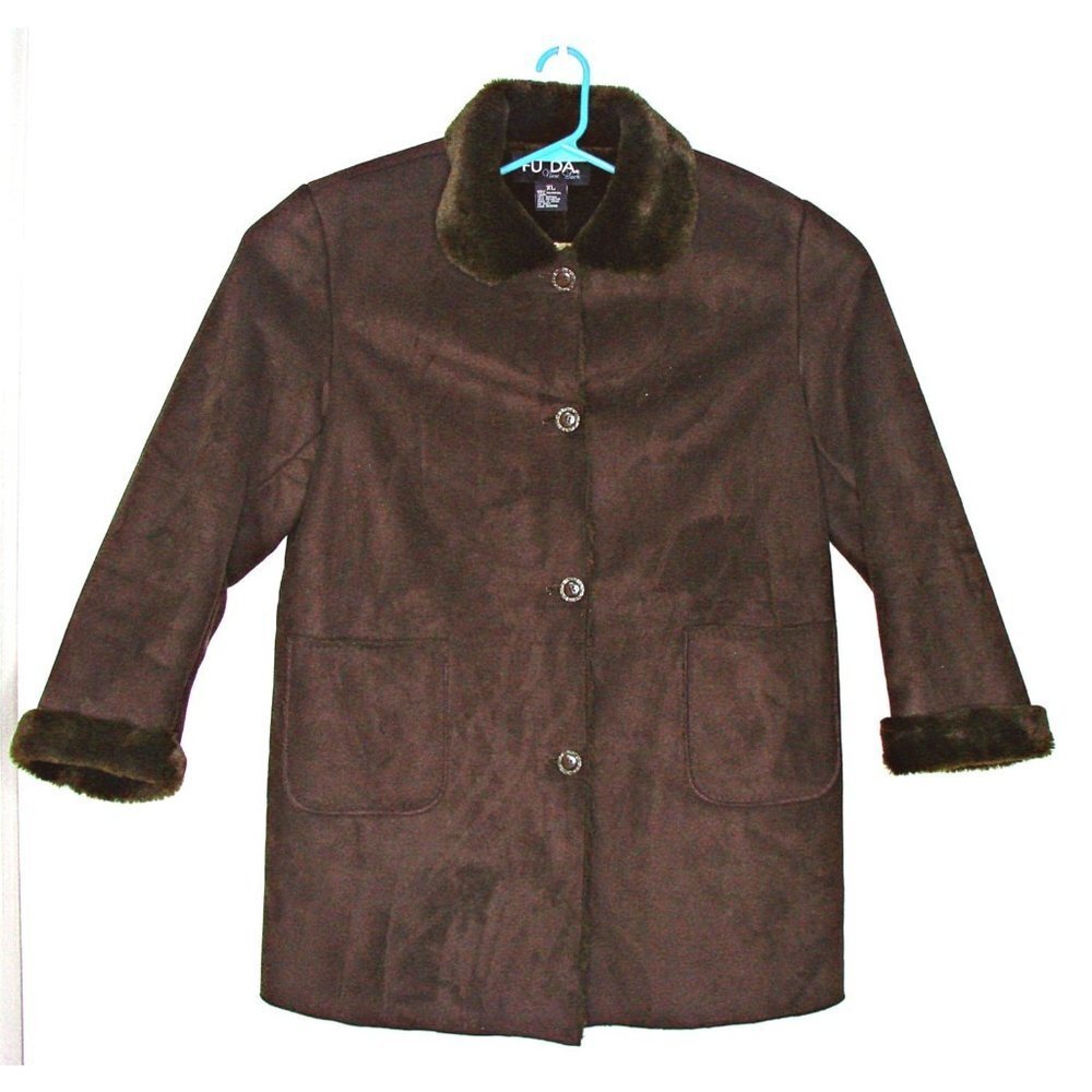 Circa 1980s FUDA of New York Women's Faux Suede Coat Faux Fur Lining Retro Sz XL